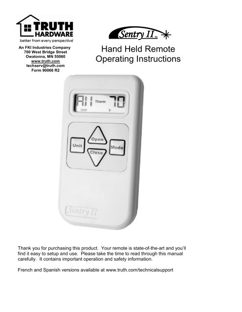 Sentry II Remote Operating Instructions - Truth Hardware