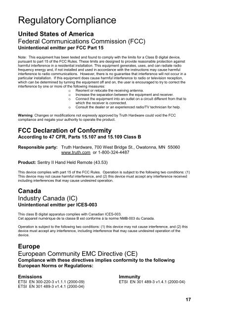 Sentry II Remote Operating Instructions - Truth Hardware