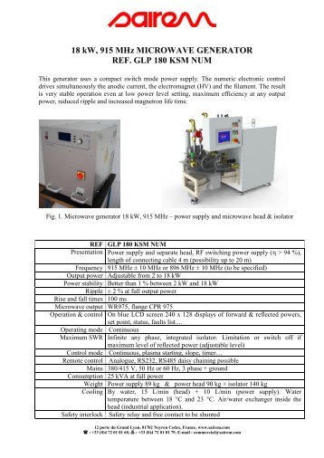 18 kW, 915 MHz MICROWAVE GENERATOR REF. GLP 180 KSM ...