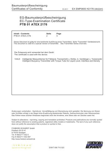 PTB 01 ATEX 2176 - FOXBORO ECKARDT