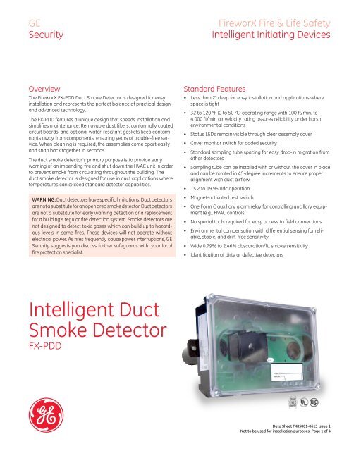 Data Sheet Fx85001 0613 Intelligent Duct Smoke Detector