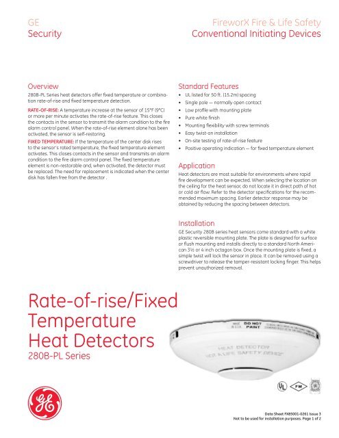 Data Sheet FX85001-0261 -- PL Series Heat Detectors