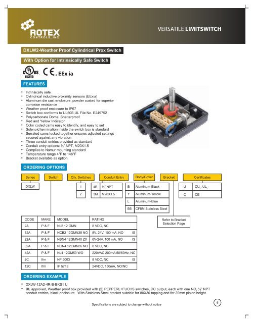 Rotex DXLW2 Flat Limit Switch IS Option.pdf - Rotex Infinity Actuators
