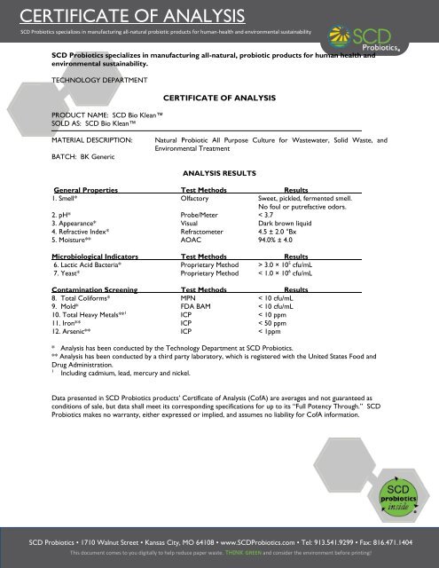 Click Here for Certificate of Analysis SCD Probiotics