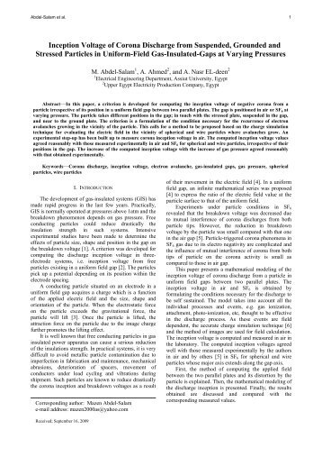 Inception Voltage of Corona Discharge from Suspended, Grounded ...