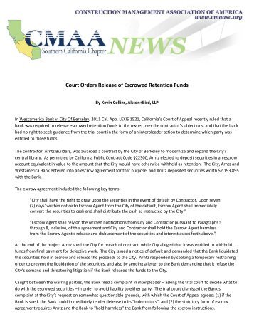 Court Orders Release of Escrowed Retention Funds - CMAA