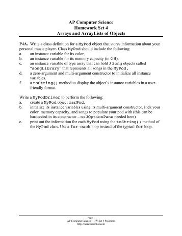 AP Computer Science Homework Set 4 Arrays and ArrayLists of ...