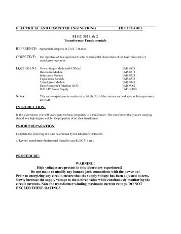 Lab 2 Transformer Fundamentals - Department of Electrical and ...