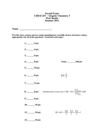 Second Exam CHEM 255 â Organic Chemistry I Prof. Bastin ...