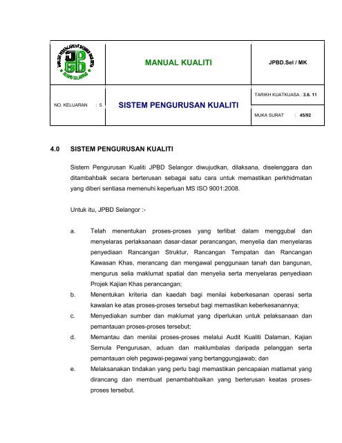 MANUAL KUALITI SISTEM PENGURUSAN KUALITI - JPBD Selangor