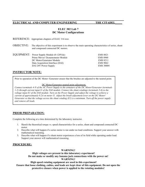 Lab 7 Dc Motor Configurations Department Of Electrical And
