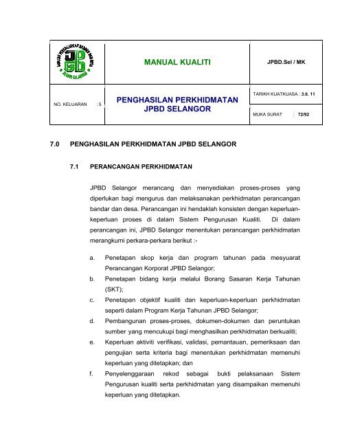 manual kualiti penghasilan perkhidmatan jpbd selangor