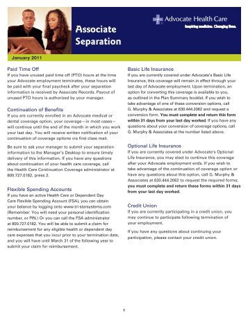Associate Separation - Advocate Benefits - Advocate Health Care