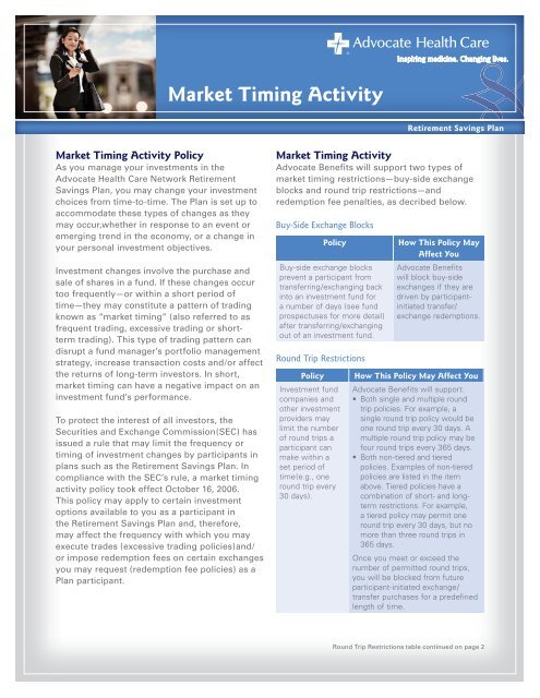 Market Timing Activity - Advocate Benefits - Advocate Health Care