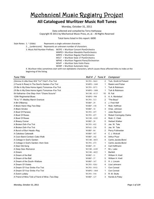 Catalogued Wurlitzer Music Roll Tunes - Mechanical Music Press