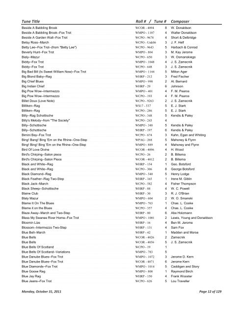 Catalogued Wurlitzer Music Roll Tunes - Mechanical Music Press