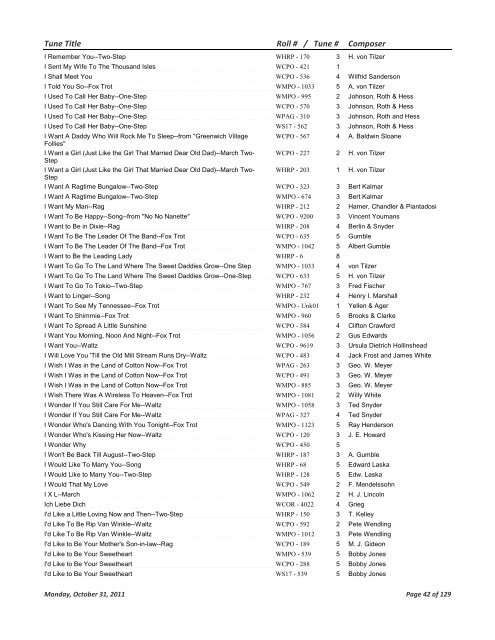 Catalogued Wurlitzer Music Roll Tunes - Mechanical Music Press