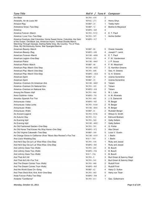 Catalogued Wurlitzer Music Roll Tunes - Mechanical Music Press