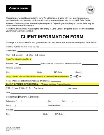 Client Information Form - Delta Dental Indiana