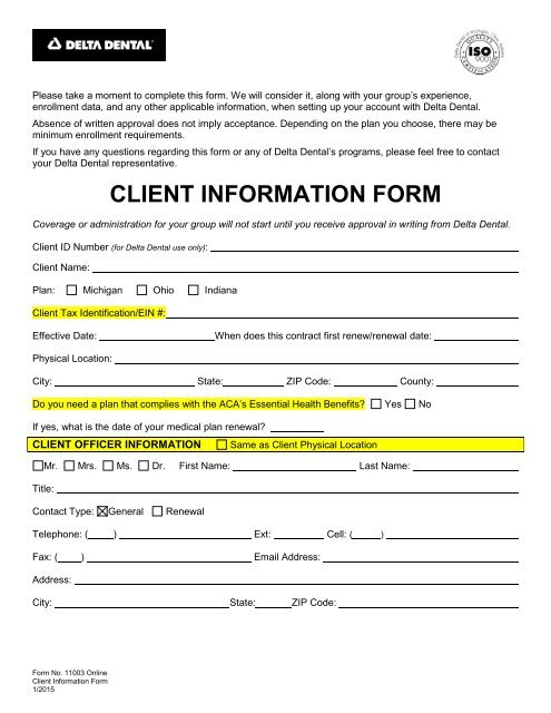 Client Information Form - Delta Dental Indiana