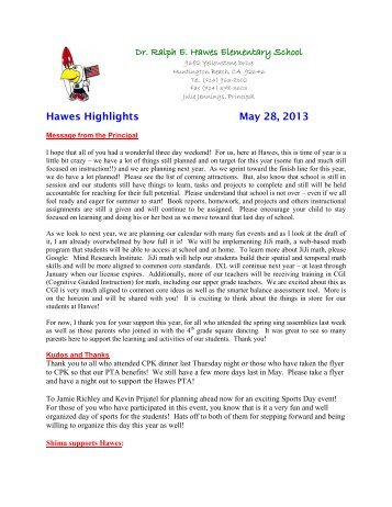 Dr. Ralph E. Hawes Elementary School Hawes Highlights May 28 ...