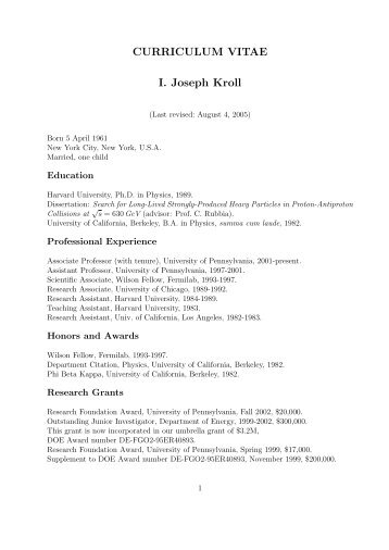 CURRICULUM VITAE I. Joseph Kroll - University of Pennsylvania