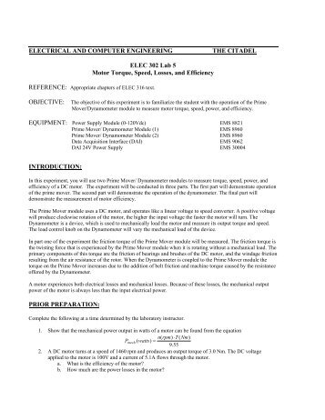 Lab 5 Motor Torque, Speed, Losses and Efficiency - Department of ...