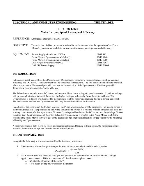 Lab 5 Motor Torque, Speed, Losses and Efficiency - Department of ...