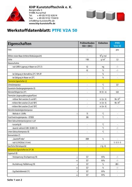 Eigenschaften Werkstoffdatenblatt: PTFE V2A 50 - Khp-kunststoffe.de