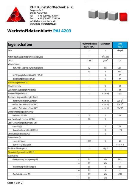 Eigenschaften Werkstoffdatenblatt: PAI 4203 - Khp-kunststoffe.de