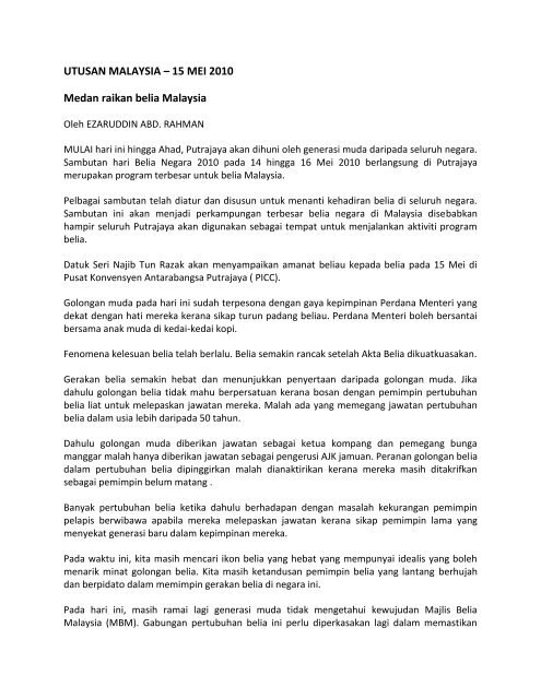 UTUSAN MALAYSIA – 15 MEI 2010 Medan raikan belia ... - IPPBM