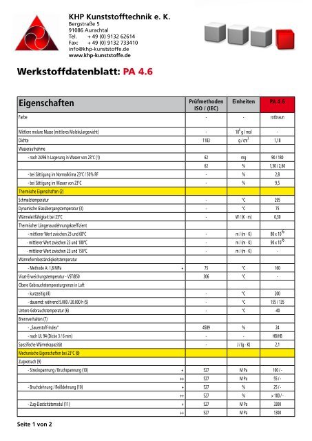 Eigenschaften Werkstoffdatenblatt: PA 4.6 - Khp-kunststoffe.de