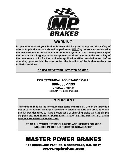 Installation Instructions Master Power Brakes