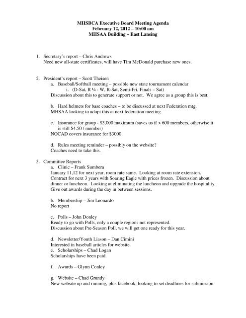 MHSBCA Executive Board Meeting Agenda February 12, 2012 â 10 ...