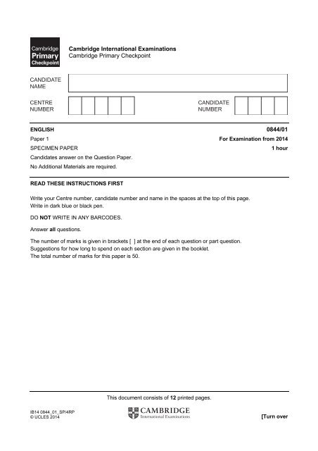 Cambridge International Examinations Cambridge Primary Checkpoint 0844 01