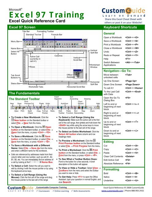 Excel Quick Reference Microsoft Excel 97 Cheat Sheet Excel Quick Reference Microsoft Excel 97 Cheat Sheet