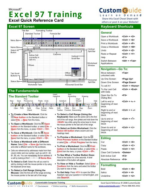 Excel Quick Reference, Microsoft Excel 97 Cheat Sheet