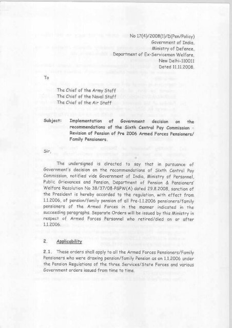 Revision of Pre 2006 Armed Forces Pensioners  - Indian Airforce