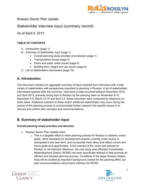 Stakeholder interview input (summary record) - Arlington Sites