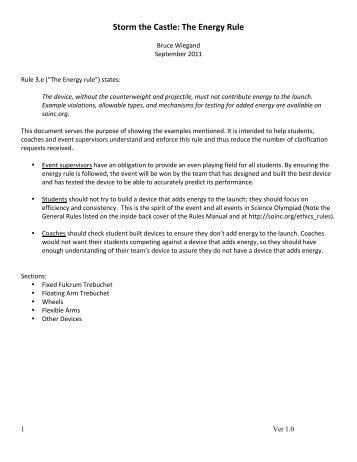 Storm the Castle Energy Rule Tip Sheet for 2012 - Science Olympiad