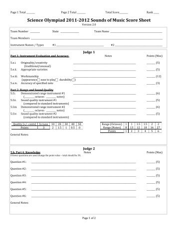 Sounds of Music Judges Score Sheet - Science Olympiad