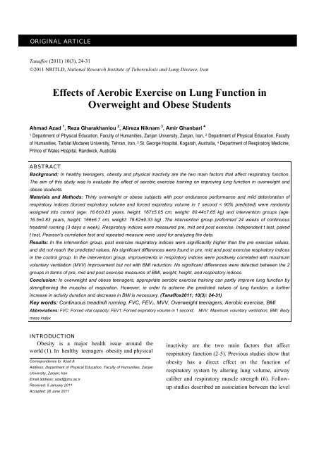 Effects of Aerobic Exercise on Lung Function in ... - Tanaffos