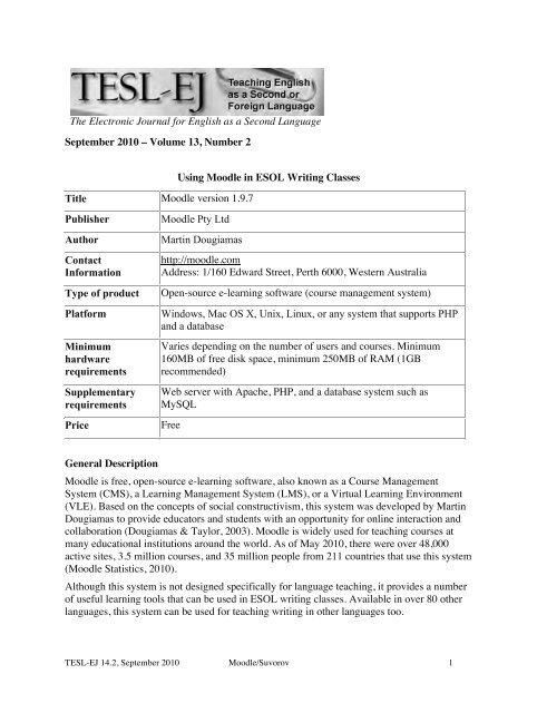 Volume 13, Number 2 Using Moodle in ESOL Writing Clas - TESL-EJ