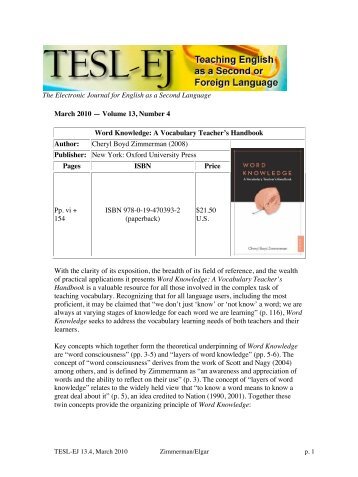 Word Knowledge: A Vocabulary Teacher's Handbook - TESL-EJ