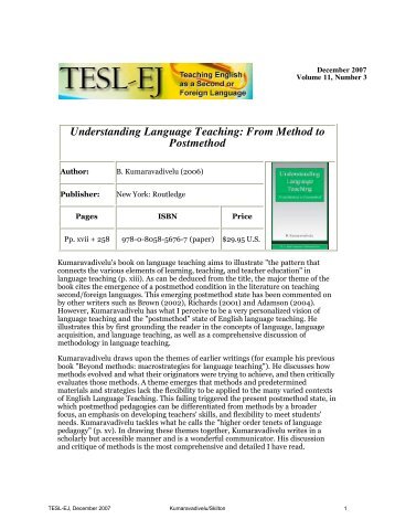 TESL-EJ 11.3 -- Understanding Language Teaching: From Method ...