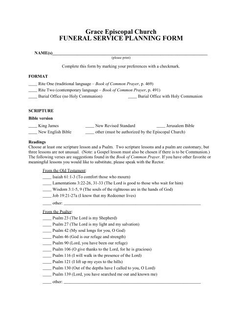 Grace Episcopal Church FUNERAL SERVICE PLANNING FORM