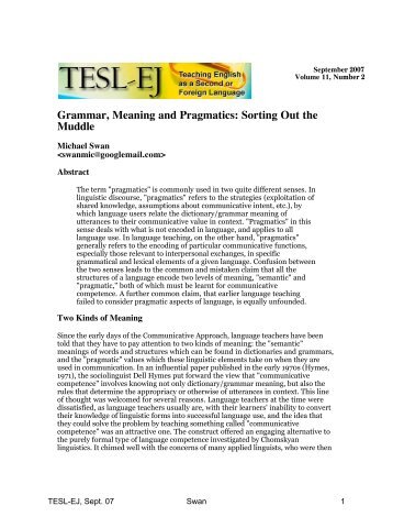 Grammar, Meaning and Pragmatics: Sorting Out the Muddle - TESL-EJ