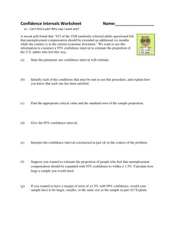 Confidence Intervals Worksheet Name