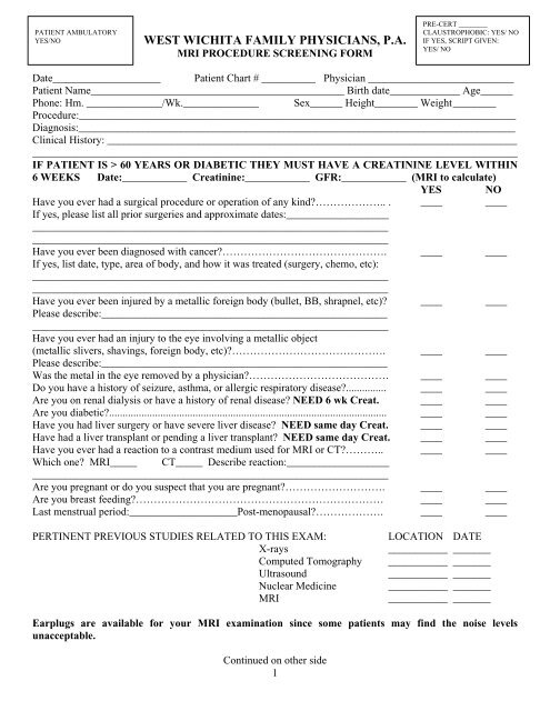 MRI Screening Form - West Wichita Family Physicians, PA