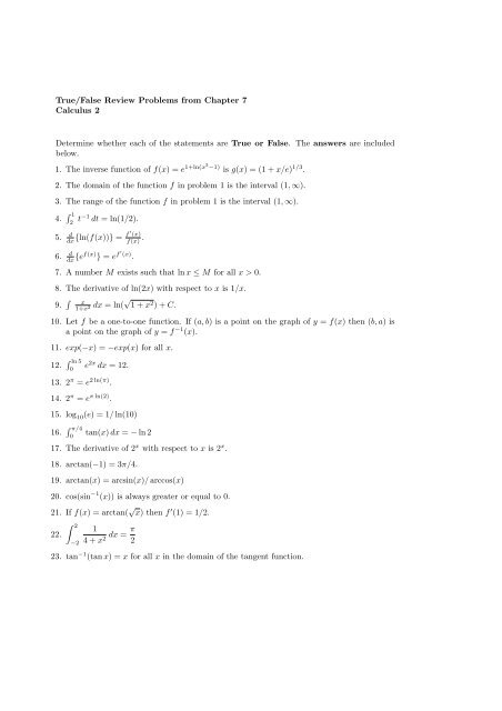 True False Review Problems From Chapter 7 Calculus 2 Determine True False Review Problems From Chapter 7 Calculus 2 Determine